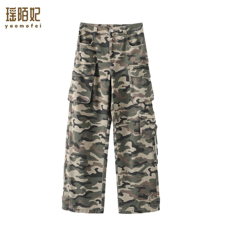 2026 Summer Retro Camouflage Style Rhinestone Loose American-Style Multi-Pocket Cargo Pants Wide-Leg Jeans for Women