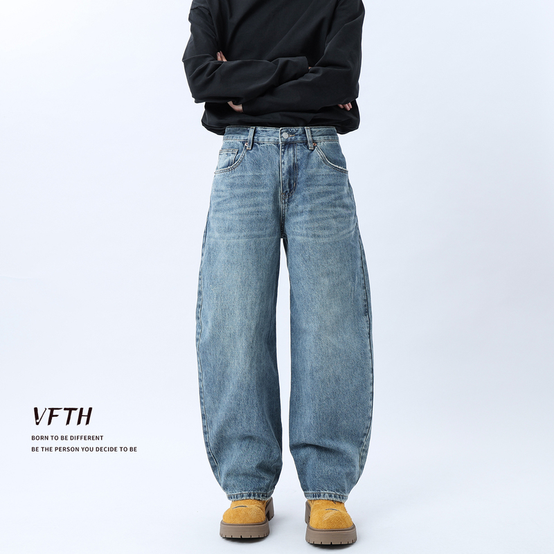 Vfth Washed Curved Hem Jeans for Men, Loose Fit, 2026 Summer New American Style Trendy Brand, Cool and Casual Pants for Boys