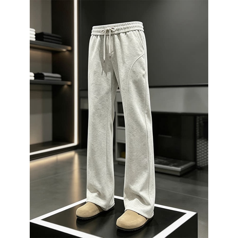 White and Gray Diagonal Cut Straight-Leg Sweatpants for Men, Autumn Cleanfit Waist-Cinching Flared Pants, American-Style Sports Casual Pants
