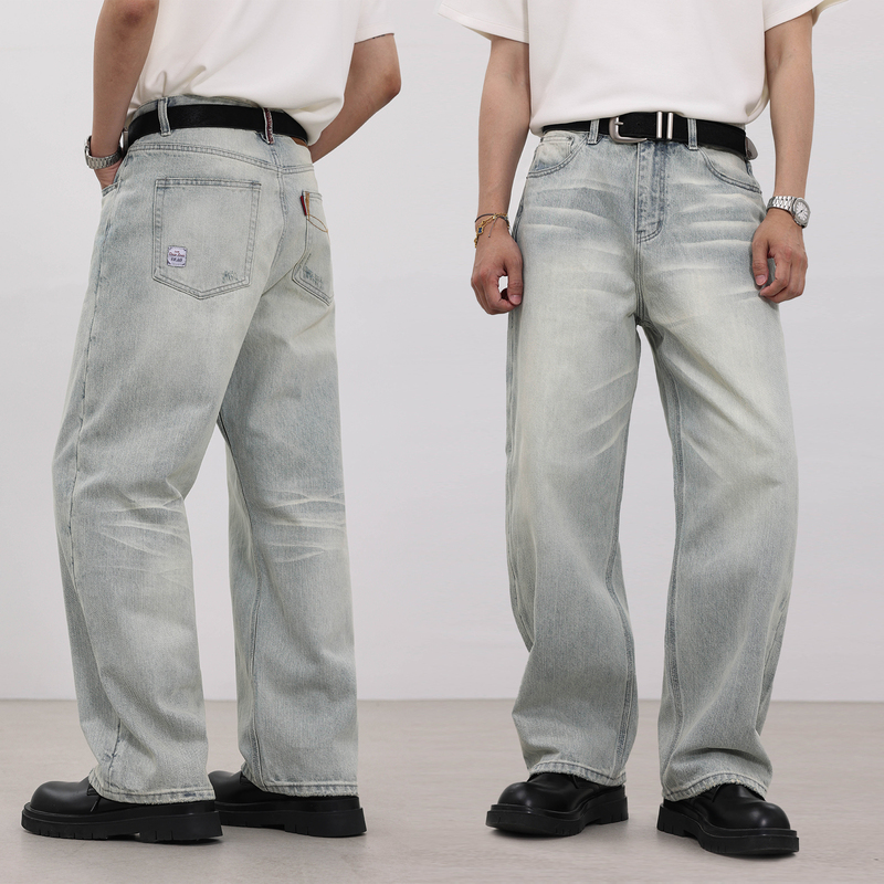 S123 Tianshi Series Ex Zipper Cream Lake Blue Straight A-Line Washed Whiskered Honeycomb Jeans for Men