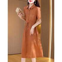 Pure linen dress for women summer 2024 new lapel mid-length cotton and linen short-sleeved waist a-line shirt skirt