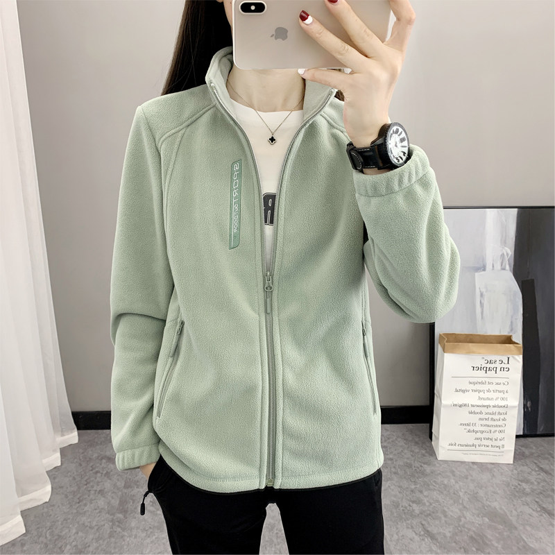 レディースアウトドアフリースジャケット、秋冬フリースジャケット、厚手で暖かいインナーライナー、スタンドカラーカーディガン、ハイキングトップ
