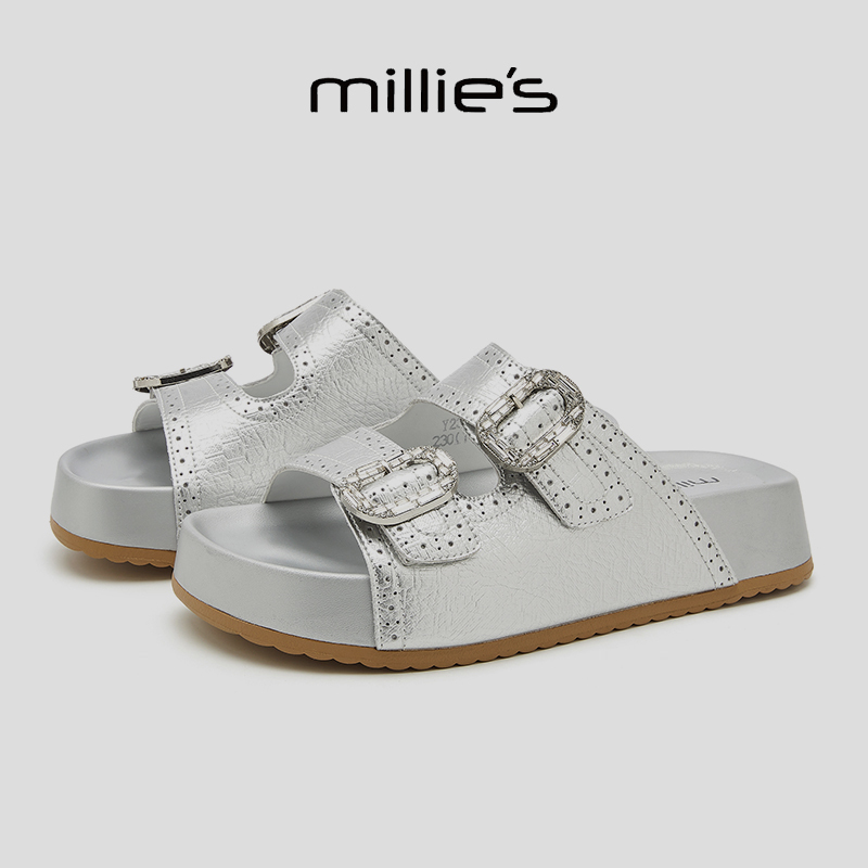 Millie'S/Millie's Trendy and Stylish Silver Thick-Soled Roman Sandals for Women, Summer Fashion Double Buckle Birkenstock-Style Shoes