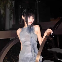Blue gray gold thread mesh sexy micro see-through sleeveless slim stretch three-dimensional flower ribbon top womens vest