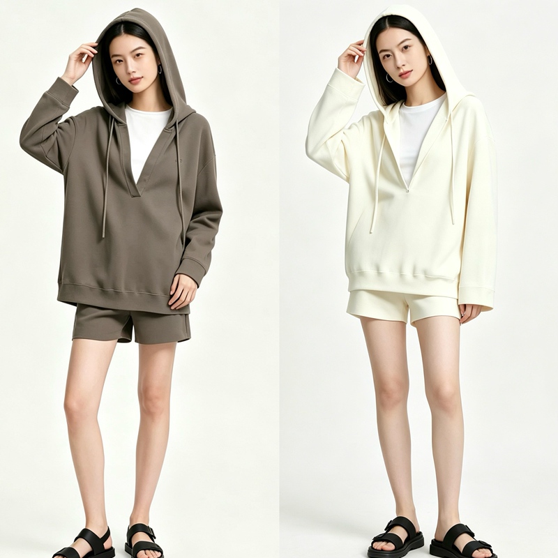 Mom's Meet Buyer Store Mo26 Autumn Loose Casual Set Hooded Sweatshirt Shorts Two-Piece Set Top and Bottoms