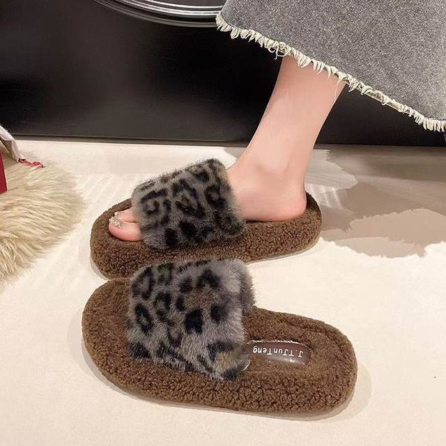 Cute Leopard Print Furry Slippers for Women 2024 New Autumn and Winter Home Indoor Non-Slip Supermarket Wholesale Cotton Slippers for Women