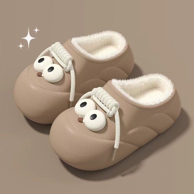 Cotton Slippers for Women, Slip-On Style, Outdoor Use, Fleece-Lined, Anti-Freeze, Waterproof, Cute Big-Eyed Cotton Slippers for Women