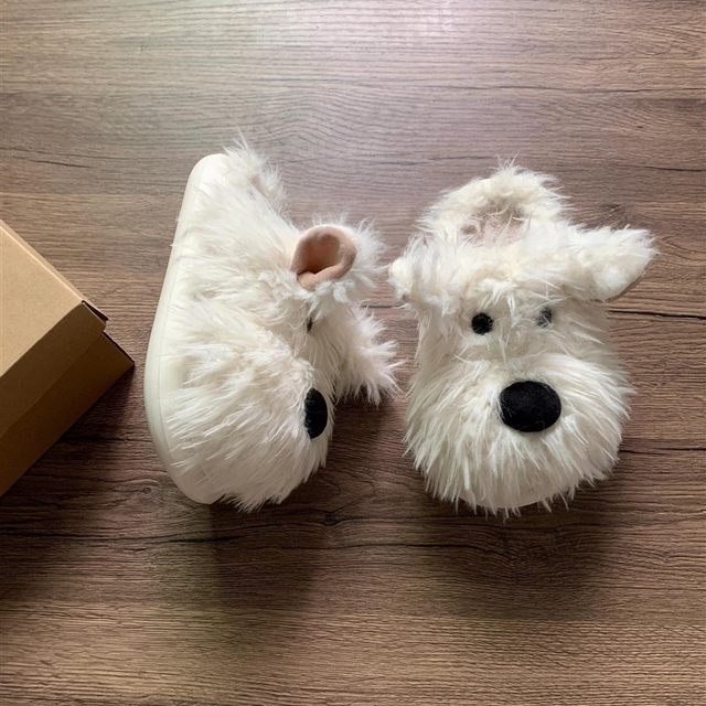 Cartoon Puppy Plush Ear-Shaped Women's Home Cotton Slippers with Soft Soles, Warm Indoor Autumn and Winter Cute Light-Soled Slippers for Men