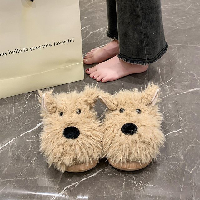 Cartoon Puppy Plush Ear-Shaped Women's Home Cotton Slippers with Soft Soles, Warm Indoor Autumn and Winter Cute Light-Soled Slippers for Men