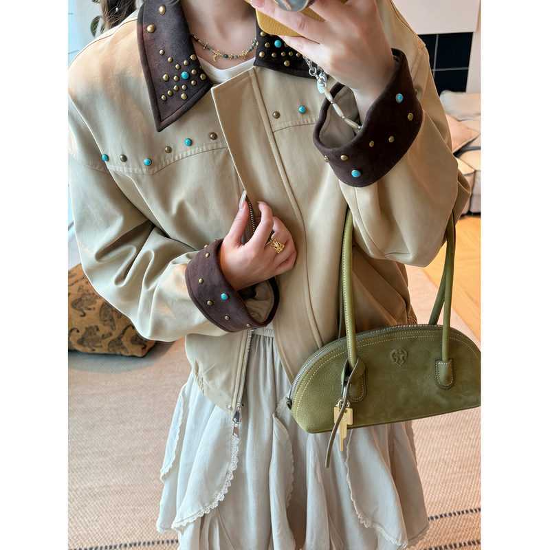 Xie Qiaoqiao's "Turquoise Pearl Bead" Lyocell Tencel Positioning Rivet Elastic Hem Suede Collar Jacket Xie Qiaoqiao's "Turquoise Pearl Bead" Lyocell Tencel Positioning Rivet Elastic Hem Suede Collar Jacket
