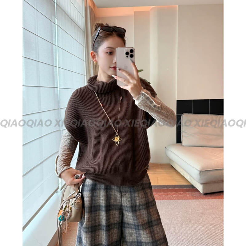 Xie Qiaoqiao Mocha Weaving Sequence Wool Soft Turtleneck Knitwear Loose Waist-Cinching Versatile Layered Vest Sweater