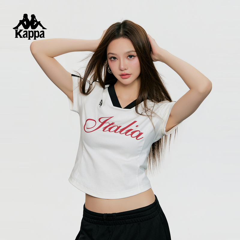 Kappa Back-To-Back Sports Short-Sleeved T-Shirt for Women 2026 Summer New V-Neck Retro Sexy Breathable Top