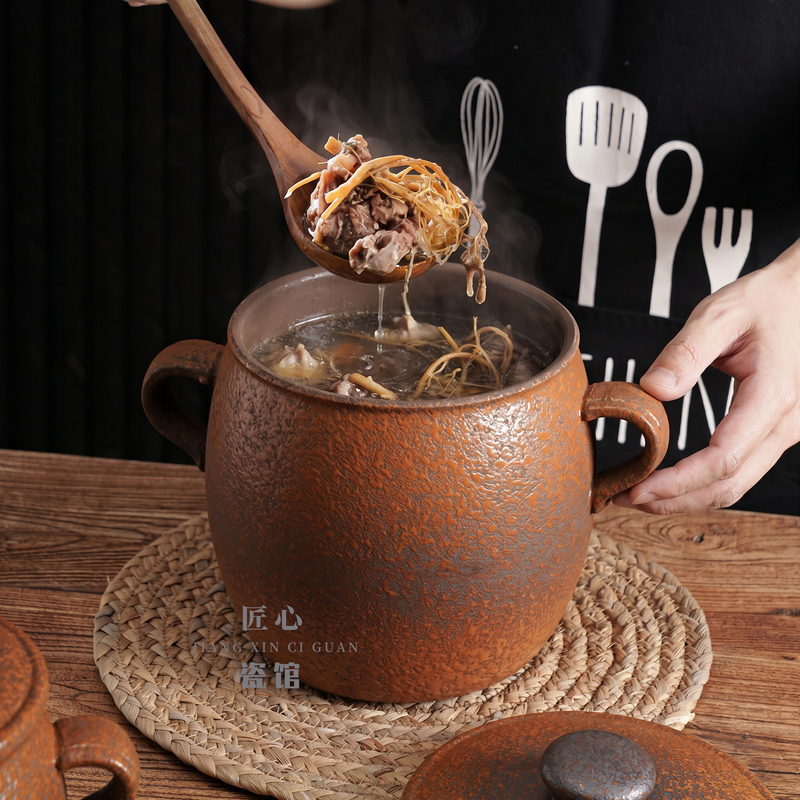 Retro Purple Clay Soup Pot, Farmhouse-Style Chicken Pot, Clay Pot for Soup, Rustic Pottery for Restaurants, Mountain-Style Chinese Hotel Tableware