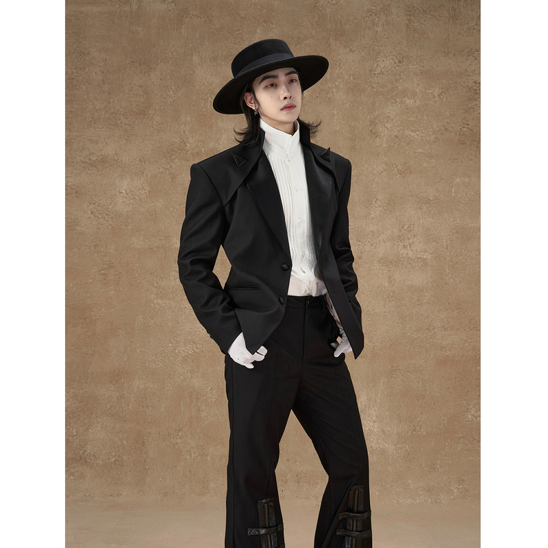 Balitone Original Deconstructed Style Waist-Cinching Suit with Unique Collar, Black Suit Jacket