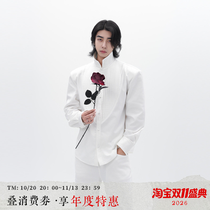 Balitone "Rose Knight" Original Musical Note Embroidery Pleated Design Detachable Shoulder Pads Stand Collar Shirt