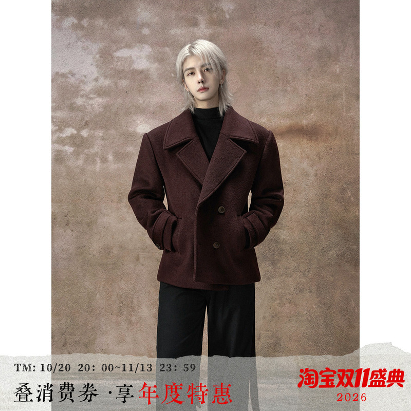 Balitone “Overlord” 70% Wool Navy Collar Double-Breasted Waist-Tie Two-Tone Woolen Coat