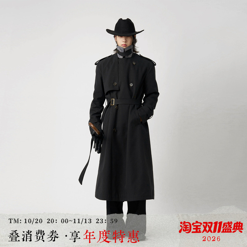 Balitone "Taymizh Mingliu" Original High-End Black Silhouette Men's Trench Coat with a Cinched Waist and Long Style