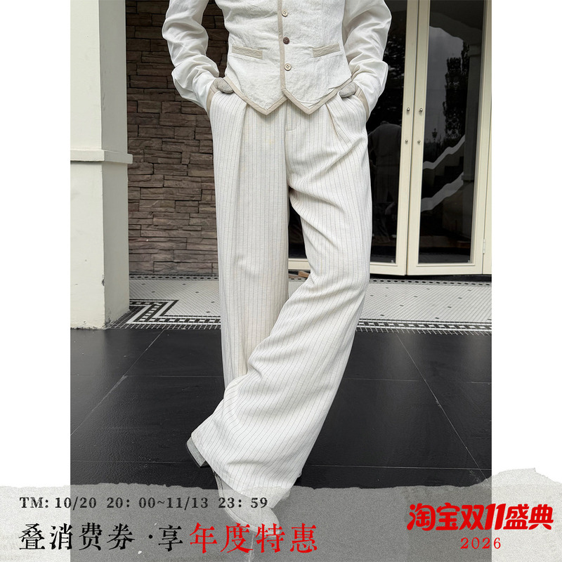 Balitone "Daytime" Original White Striped Linen Blend Spring and Summer Old Money Loose Casual Straight-Leg Pants