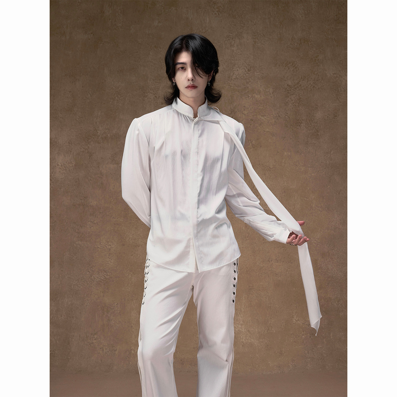 Balitone "Symphony" Ribbon Double-Layered Long Scarf Black and White Shirt with Hidden Placket, Stand Collar, Waist-Cinching Satin Shirt Balitone "Symphony" Ribbon Double-Layered Long Scarf Black and White Shirt with Hidden Placket, Stand Collar, Waist-Cinching Satin Shirt