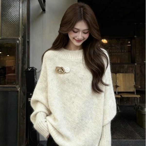 Korean Style Irregular Lazy Batwing Sleeve Long-Sleeve Knit Sweater for Women, Autumn 2026 New Lazy Style Sweater Top Korean Style Irregular Lazy Batwing Sleeve Long-Sleeve Knit Sweater for Women, Autumn 2026 New Lazy Style Sweater Top