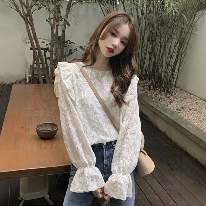 French-Style Lace Embroidery Flared Long-Sleeve Shirt for Women, Spring and Autumn Design, Niche Loose Ruffled Doll Shirt Top French-Style Lace Embroidery Flared Long-Sleeve Shirt for Women, Spring and Autumn Design, Niche Loose Ruffled Doll Shirt Top