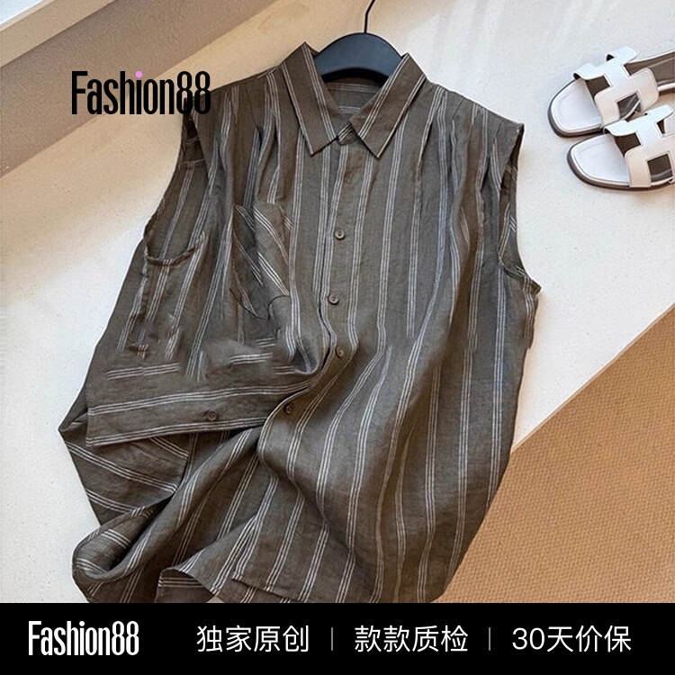 2026 Summer Thin Olive Green Polo Shirt Linen Striped Sleeveless Vest Shirt Women's New Trendy Top 2026 Summer Thin Olive Green Polo Shirt Linen Striped Sleeveless Vest Shirt Women's New Trendy Top