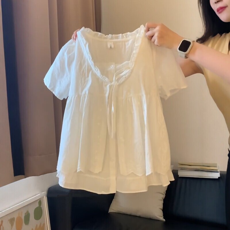 French-Style Chic Lace-Up Faux Two-Piece Short-Sleeve Shirt for Women, Summer Sweet Ruffled Edge Youthful Trendy Doll Shirt Top