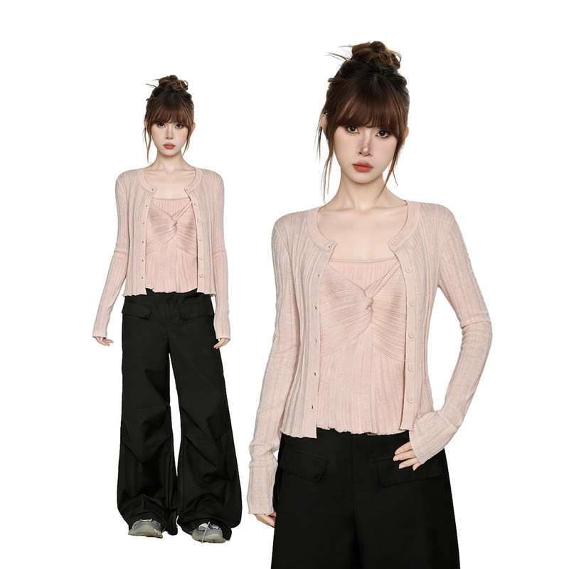Sweet Style Twisted Long-Sleeve Knitted Cardigan Two-Piece Set for Women, Early Autumn Petite Camisole Top Set