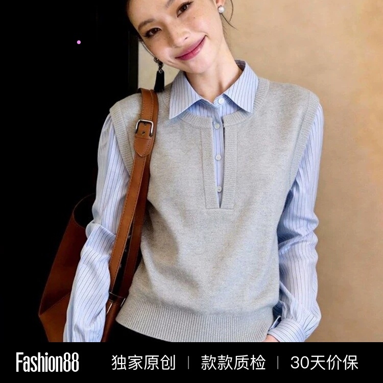 Korean-Style Commuter Lapel Layered Patchwork Knit Top for Women, Early Autumn Fashion, Daily Work Wear, Long-Sleeve Polo Shirt