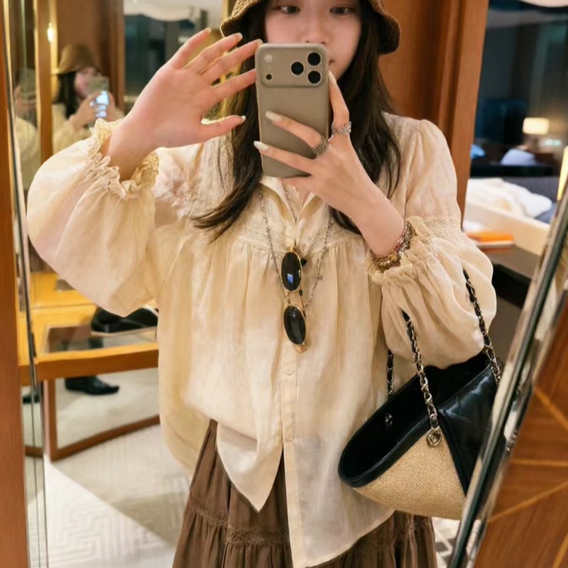 100% Ramie Heavy-Duty Pleated Lace Patchwork Sun-Protective Long-Sleeve Shirt Casual Court-Style Top for Women 100% Ramie Heavy-Duty Pleated Lace Patchwork Sun-Protective Long-Sleeve Shirt Casual Court-Style Top for Women