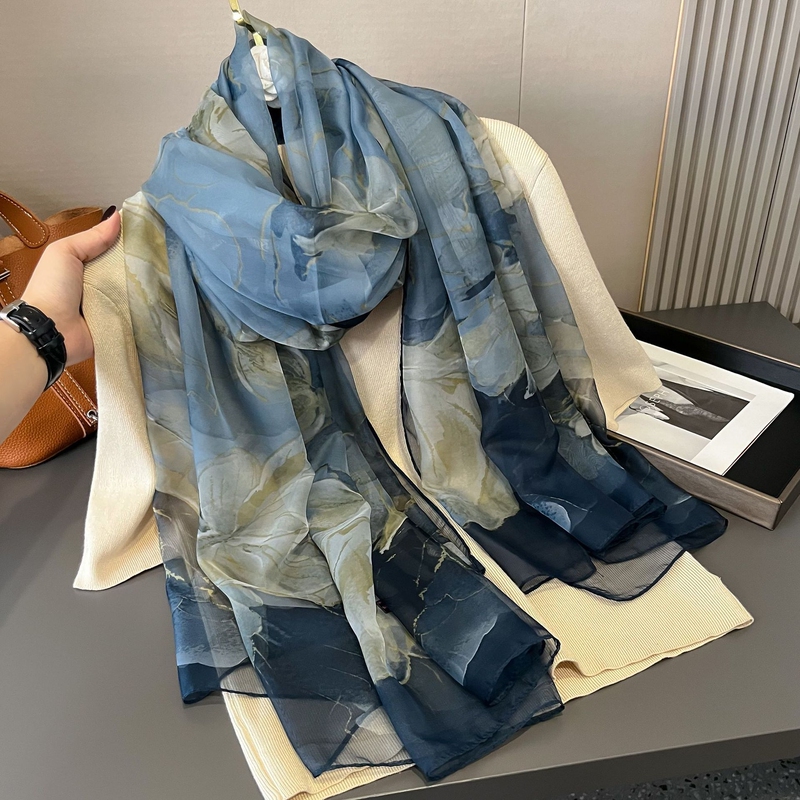Printed Silk Scarf for Women, Large Blue Versatile Sun Protection Shawl, Fashionable Scarf, Beach Towel