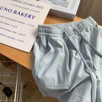 Fat sister washed cotton denim shorts womens summer 2024 new elastic waist straight casual wide leg five-quarter pants