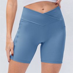 새로운 여성 요가 반바지 크로스 헤이드 꽉 피트니스 바지 주머니 높은 허리 J 힙합 리프트 런 스포츠 반바지 12433