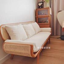 Japanese solid wood rattan sofa simple modern three person sofa chair home living room single double seat new product 2024