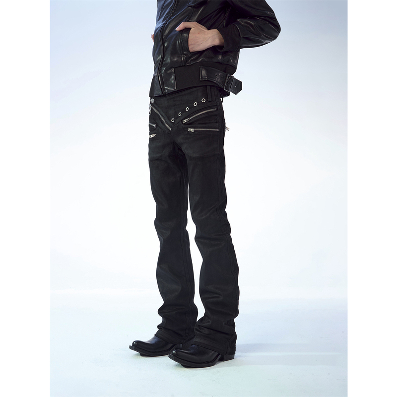Multi-Zipper Irregular Waistband Eyelet Low-Rise Denim Pants, Slightly Curved Knife Cut, Good Fit, Slimming, Skinny Men's Style