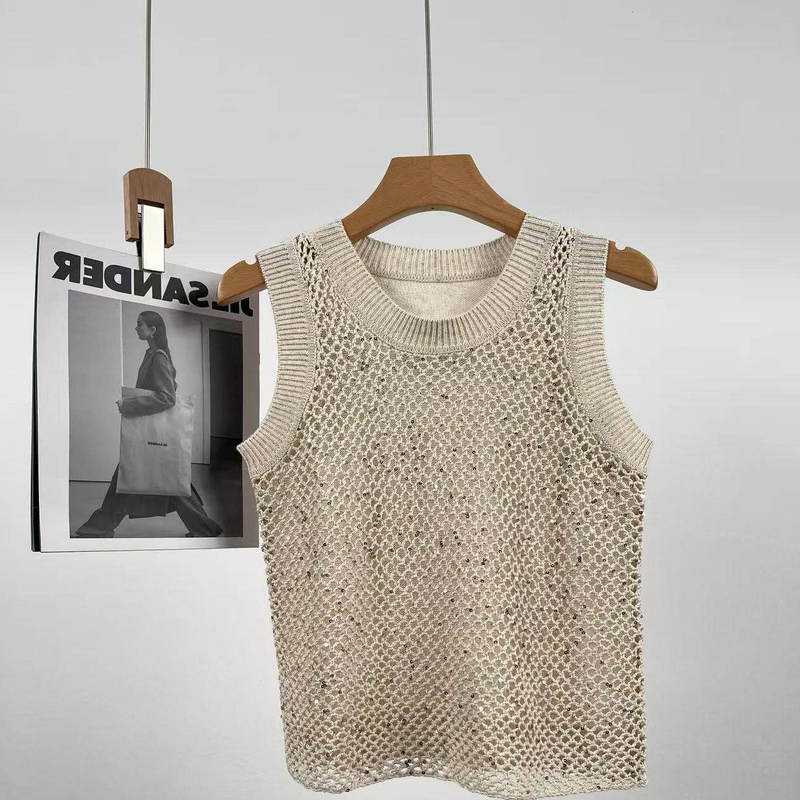 Retro Style Linen Sequined Sleeveless Knitted Vest Top for Women Summer New Versatile Slimming Sleeveless Vest Sweater