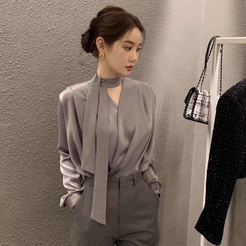 High-End Elegant Chiffon Shirt for Women, Long-Sleeved, Spring and Autumn, Professional Commuting, Ribbon V-Neck Shirt, French-Style Stunning Top High-End Elegant Chiffon Shirt for Women, Long-Sleeved, Spring and Autumn, Professional Commuting, Ribbon V-Neck Shirt, French-Style Stunning Top
