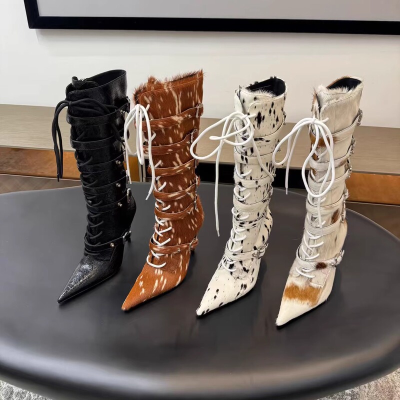 25 New European and American Fashionable Pointed-Toe Stiletto High-Heeled Boots with Belt Buckle, Runway Style, Horsehair Side Zipper, Niche Women's Boots