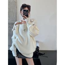 Plus size hot girl airplane button off-shoulder one-shoulder sweater womens autumn and winter new temperament pure lust style sweater top trendy