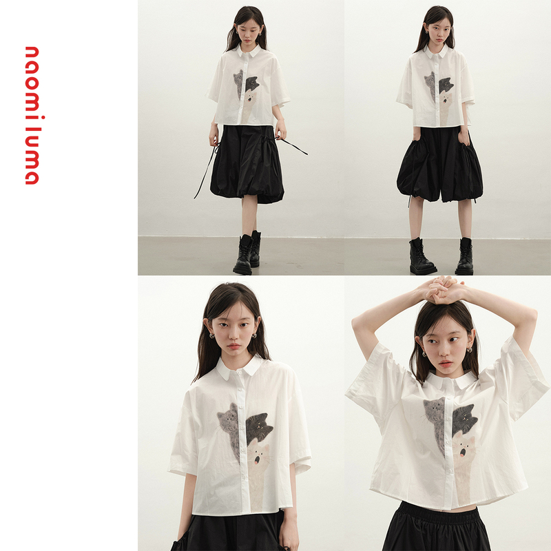 Naomi Luma Afternoon Cat Collection Japanese-Style Niche Lazy Cat Print White Shirt Relaxed Top