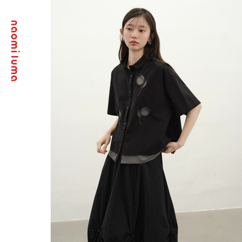 Naomi Luma's "Late Blooming Tulip" Niche Design Black Deconstructed Shirt, Short-Sleeved, Loose-Fitting Commuter Top