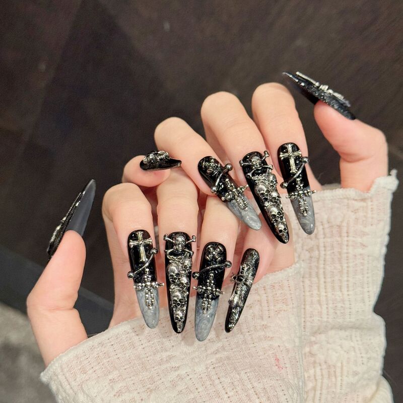 Handmade Wearable Nails Dark Domain Bone Rider 3D Skull Cross Heavy Metal Niche Punk Hot Girl Heavy-Duty Nail Art