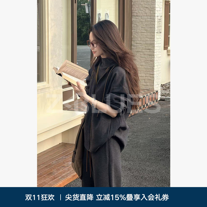 Zblues【High-Quality Casual Set】Sheep Wool Blend Double-Sided Soft Drawstring Zipper Sweatshirt and Sweatpants Set