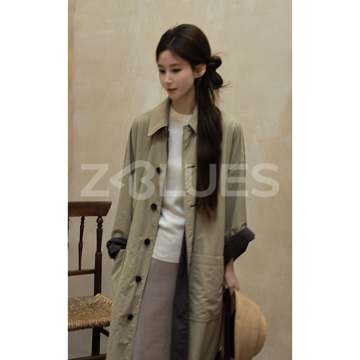 Zblues パインニードルトレンチコート - リバーシブル、ゆったりとしたオーバーサイズジャケット YZDFDG0455