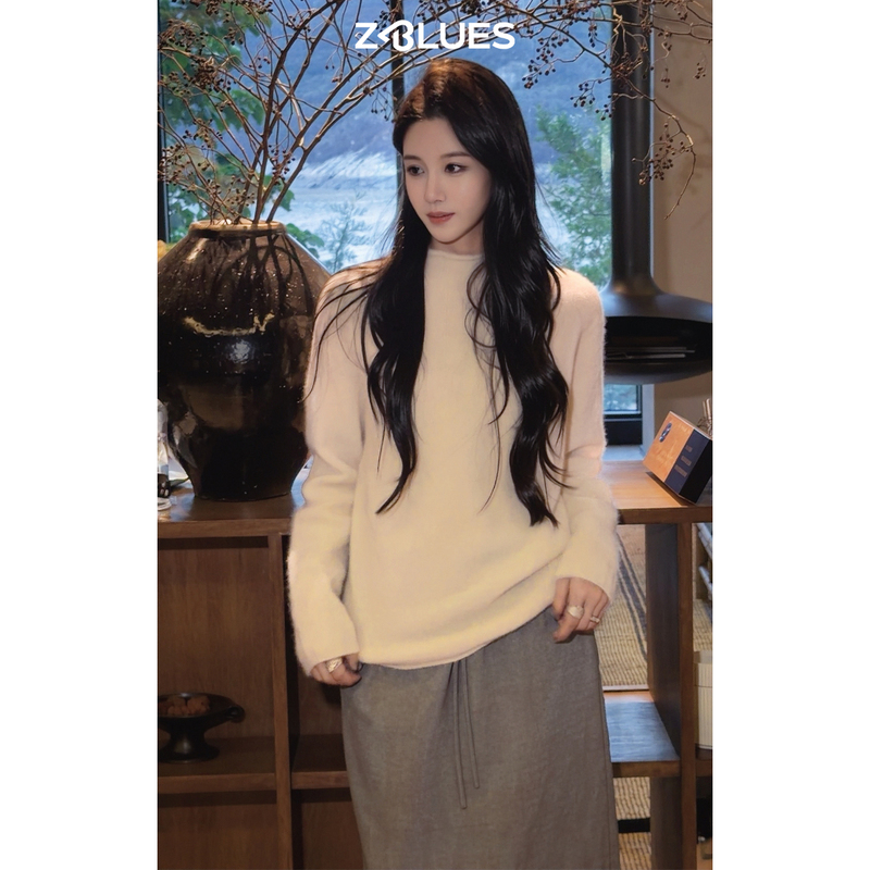 Zblues【Velvet You】Lazy Mulberry Silk Cashmere Blend Rolled Edge Knitted Sweater for Women 2026 Autumn Top Zblues【Velvet You】Lazy Mulberry Silk Cashmere Blend Rolled Edge Knitted Sweater for Women 2026 Autumn Top