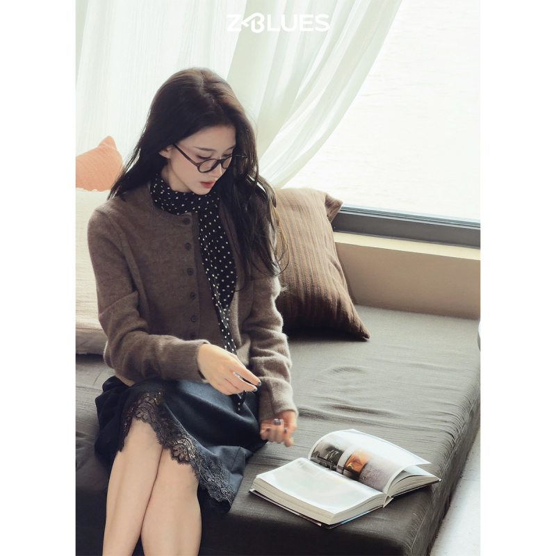 Z.Blues【Natural Silk Cashmere】Soft and Cozy Faux Two-Piece Round Neck Cardigan Yzaue7050
