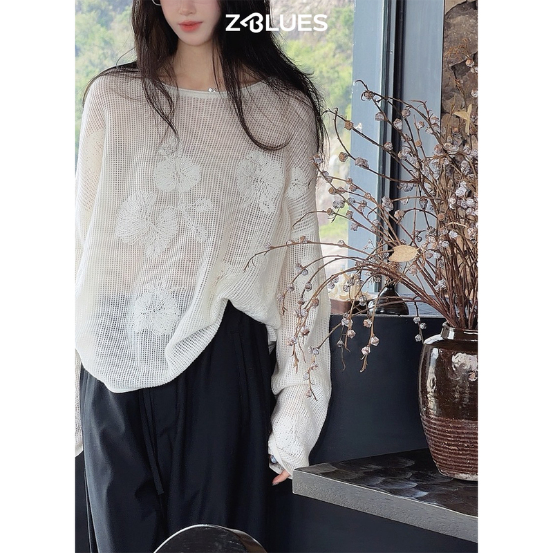 Zblues【Flowers in the Mist】Sheep Wool and Cashmere Blend Handmade Crochet Knit Sweater for Women Early Autumn Cover-Up Top Zblues【Flowers in the Mist】Sheep Wool and Cashmere Blend Handmade Crochet Knit Sweater for Women Early Autumn Cover-Up Top
