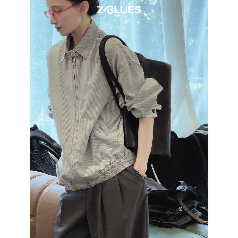 Zblues【Old-Dyed Blue】1950S British Style Yarn-Dyed Vertical Striped Short Jacket for Women, Autumn Thin Jacket Zblues【Old-Dyed Blue】1950S British Style Yarn-Dyed Vertical Striped Short Jacket for Women, Autumn Thin Jacket