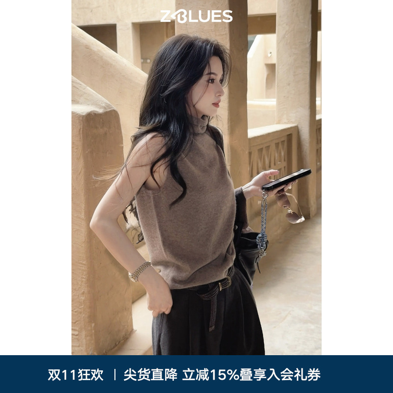 Zblues【Intellectual Elegance】100% Cashmere Pile Collar Sleeveless Cashmere Sweater for Women Early Autumn Knitwear