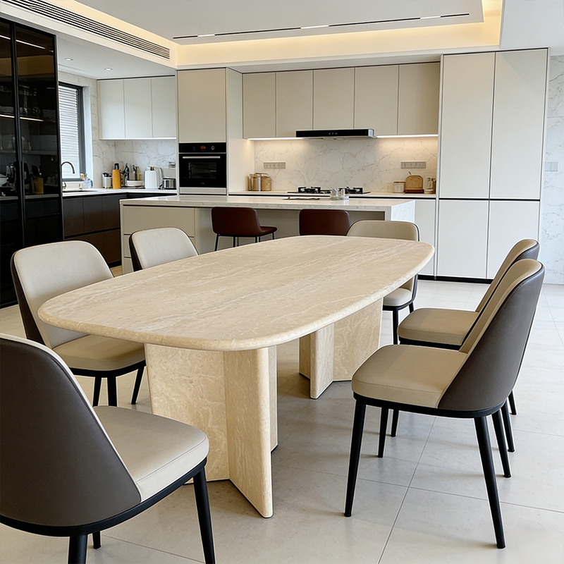 Wabi-Sabi Style Natural Travertine Dining Table, Square Long Table, Living Room Home Use Stone Luxury Marble Dining Table, Modern Minimalist Wabi-Sabi Style Natural Travertine Dining Table, Square Long Table, Living Room Home Use Stone Luxury Marble Dining Table, Modern Minimalist